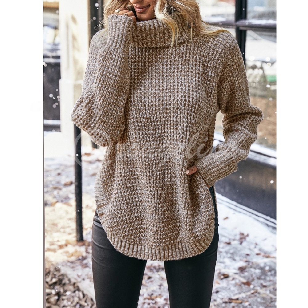 Waffle Knit Khaki Long Sleeve Sweater Turtleneck